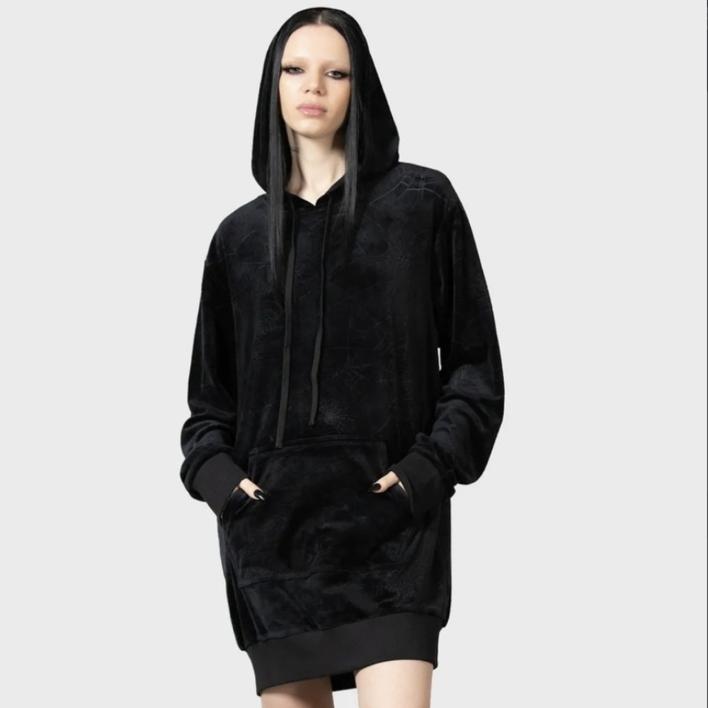 4X Killstar Black Velour Spider Web Pullover Hoodie Oversized Dress Goth Witch